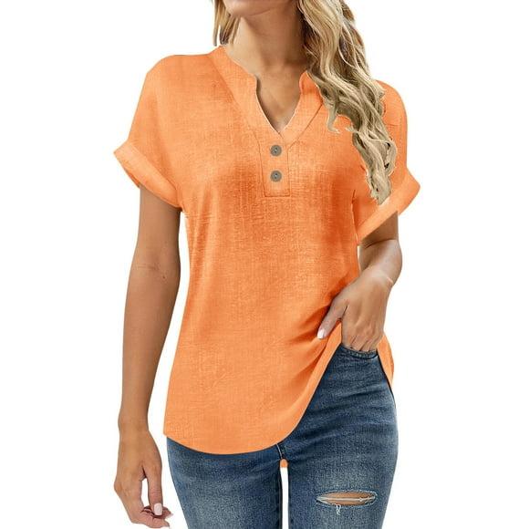 Qxiansh Womens Cotton Linen Tops Dressy V Neck Short Sleeve Shirts Casual Work Blouses for Women's Plus Size