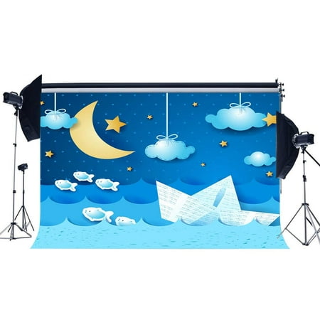 Image of ABPHOTO Polyester 7x5ft Sweet Baby Shower Backdrop Ocean Sailing Backdrops Twinkle Stars Fish Boat Bokeh Dots Blue Sky White Cloud Cartoon Photography Background for Boys Birthday Photo Studio Props