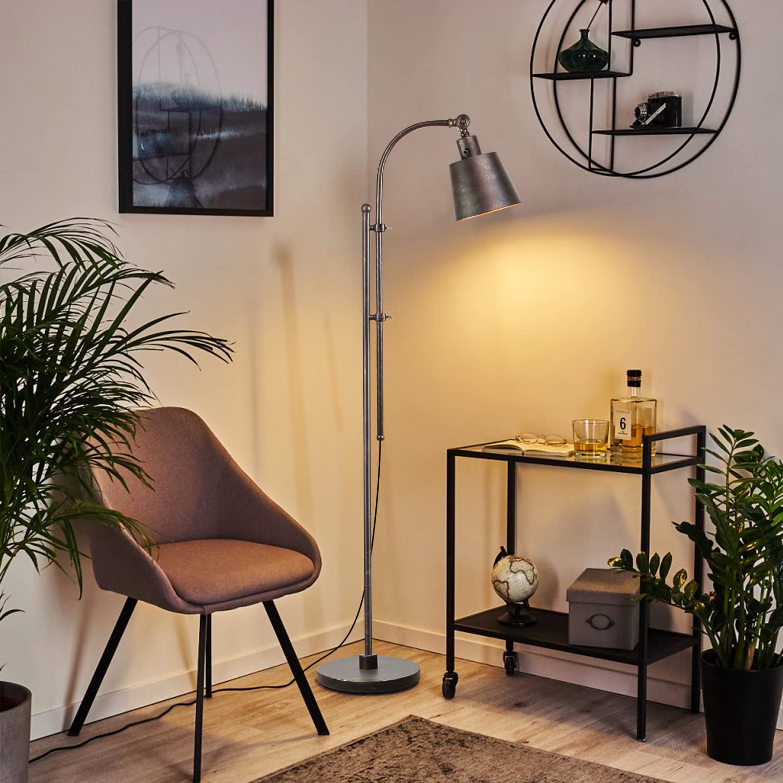 Floor Lamp, Industrial Floor Lamps for Living Rooms Rustic Farmhouse Reading Standing Floor Lamp Adjustable Metal Heads Indoor Task Lighting for Living Room Bedroom Office Home Décor (Black)