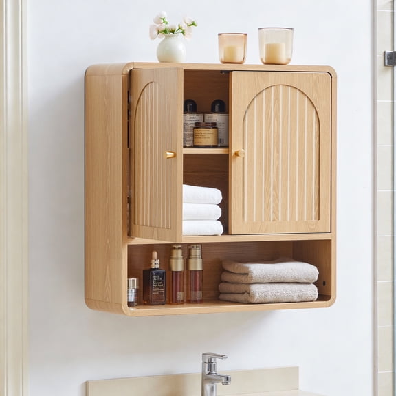 Wirrytor Modern Fluted Medicine Cabinet Storage, Wooden Bathroom Wall Cabinet with Hanging Rod Adjustable Shelf, Natural Oak
