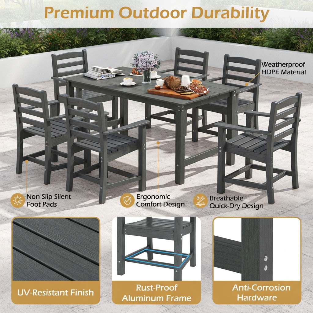 Hommoo 2-Pack HDPE All-Weather Outdoor Dining Chairs, Adirondack Patio Chairs with Wide Armrests, Rustic Wood-Look, Gray