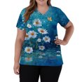 thumbnail image 3 of Flowers Printed Scrubs For Women V-Neck Medical Scrubs Short Sleeve Stretch Nurse Work Uniform Shirts Fashion Scrub Top With Pocket Dark Blue S, 3 of 5