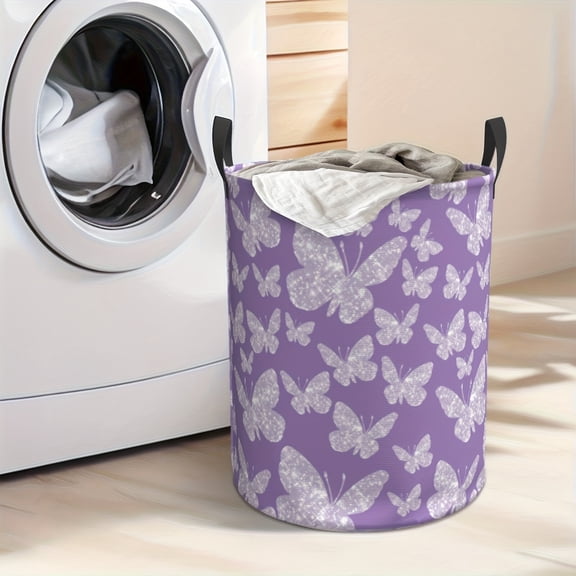 Beautiful purple butterfly dirty clothes basket, foldable with reinforced handle and durable Oxford cloth for storing clothes and toys. Suitable for bathrooms, laundry rooms, bedrooms. Laundry basket