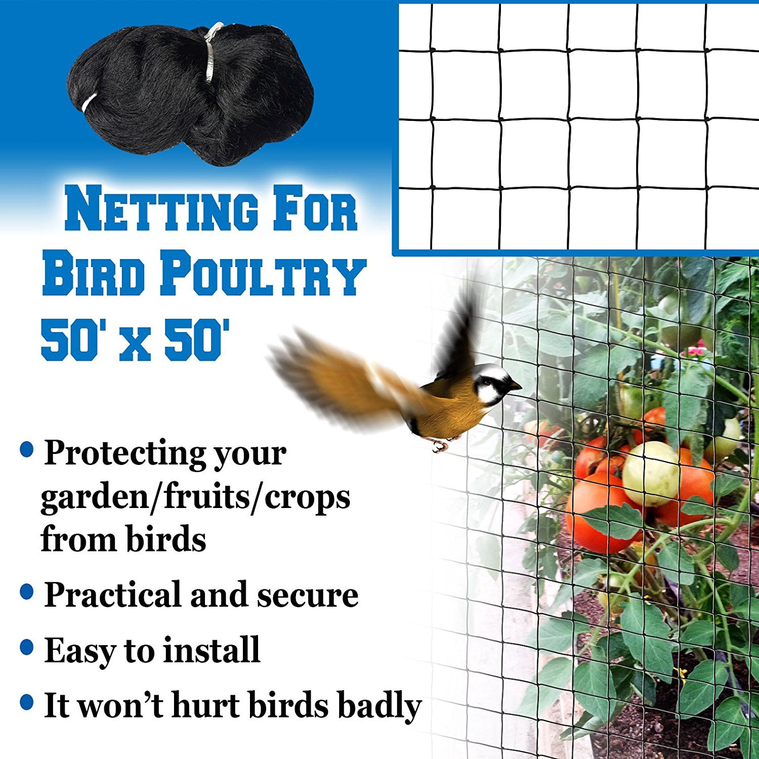 Sunrise 14'x75' Bird Net for Bird Poultry Aviary Black