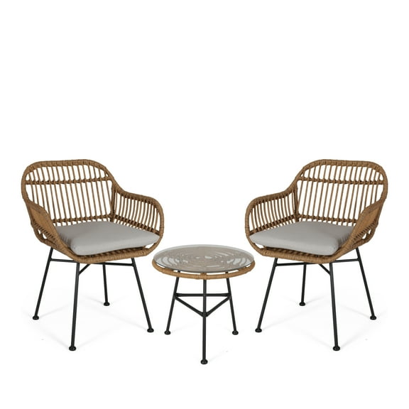 Lesley Outdoor Faux Wicker 2 Seater Chat Set with Tempered Glass Table