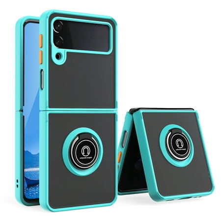 TJS for Samsung Galaxy Z Flip 4 5G Case, 360 Degrees Rotating Metal Ring Magnetic Support Kickstand Phone Cover for Galaxy Z Flip 4 (Blue)