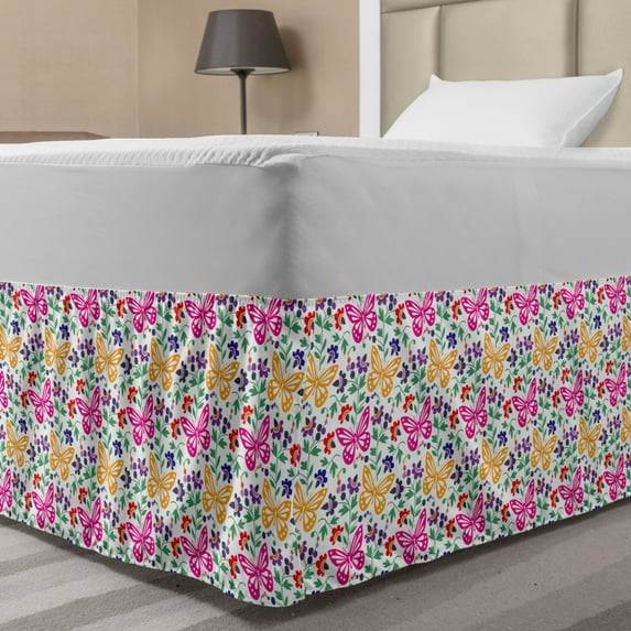 Spring Bed Skirt, Flowers Butterflies Plants Vibrant Summer Blooms Leaves Nature Wings Design, Elastic Bedskirt Dust Ruffle Wrap Around for Bedding Decor, 4 Sizes, Multicolor, by Ambesonne