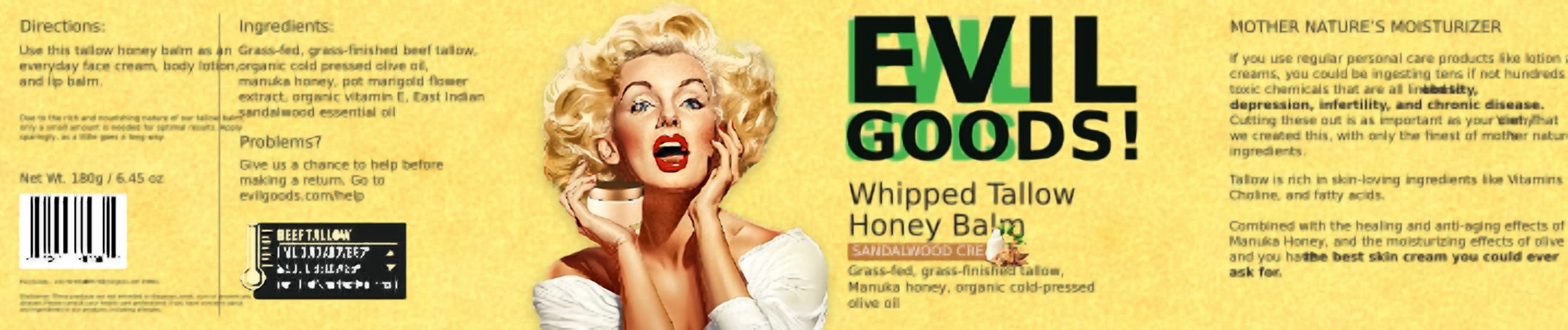 EVIL GOODS Whipped Tallow & Manuka Honey Balm, 6.45 oz, Sandalwood Cream – Natural Face Moisturizer, Body Lotion & Lip Balm for Dry, Sensitive Skin