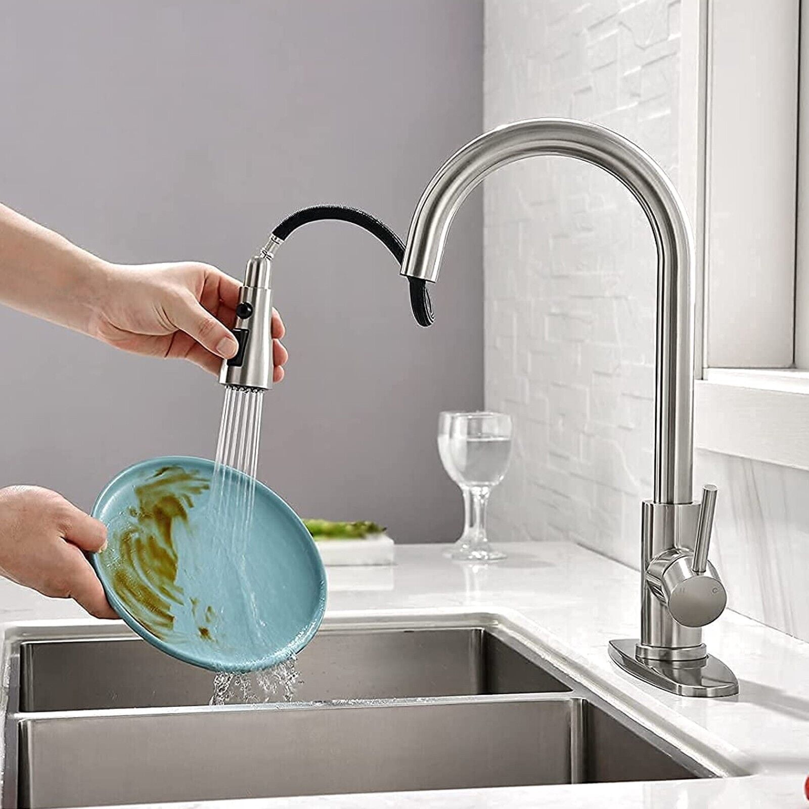 Zovajonia Kitchen Sink Faucet  Pull Down Sprayer with Cover&Soap Dispenser Sink Faucet Brushed Nickel