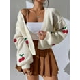 thumbnail image 2 of xiaxaixu Women's Open Front Knit Cardigan, Cherry Jacquard Long Sleeve Loose Sweater Cropped Jacket for Spring, Fall, 2 of 9
