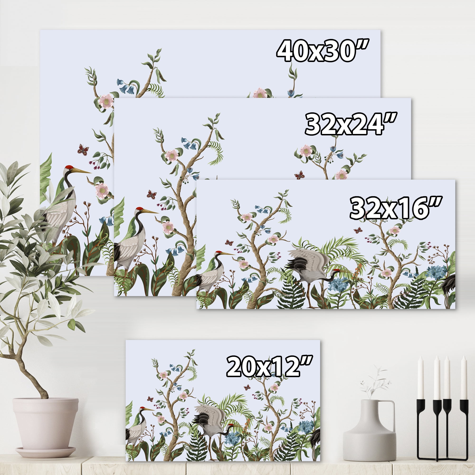 Designart ' Border With Peonies and Cranes In Chinoiserie Style ' Traditional Canvas Wall Art Print