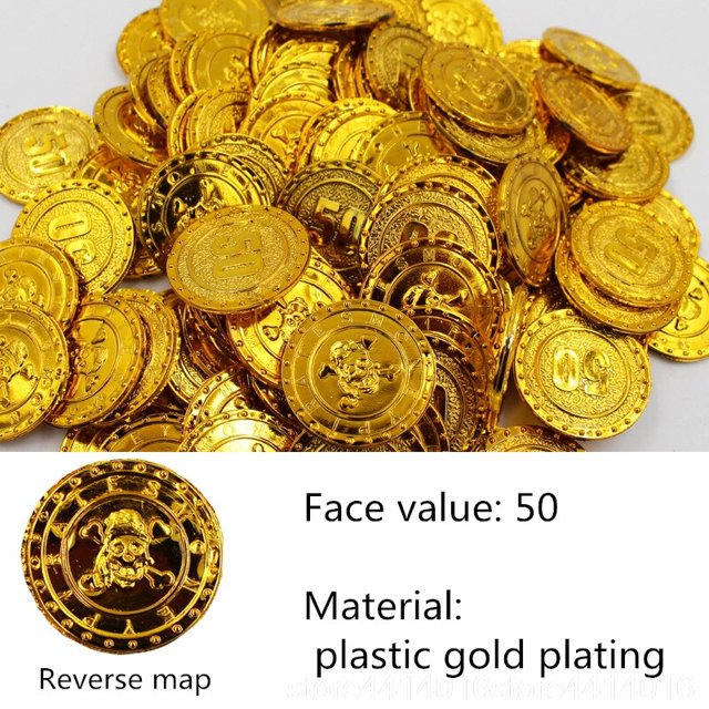 Juego de monedas de oro pirata de plástico, gemas de moneda de nombre, suministros de fiesta para niños, decoración de Halloween, juguetes para niños, 50 piezas, 88