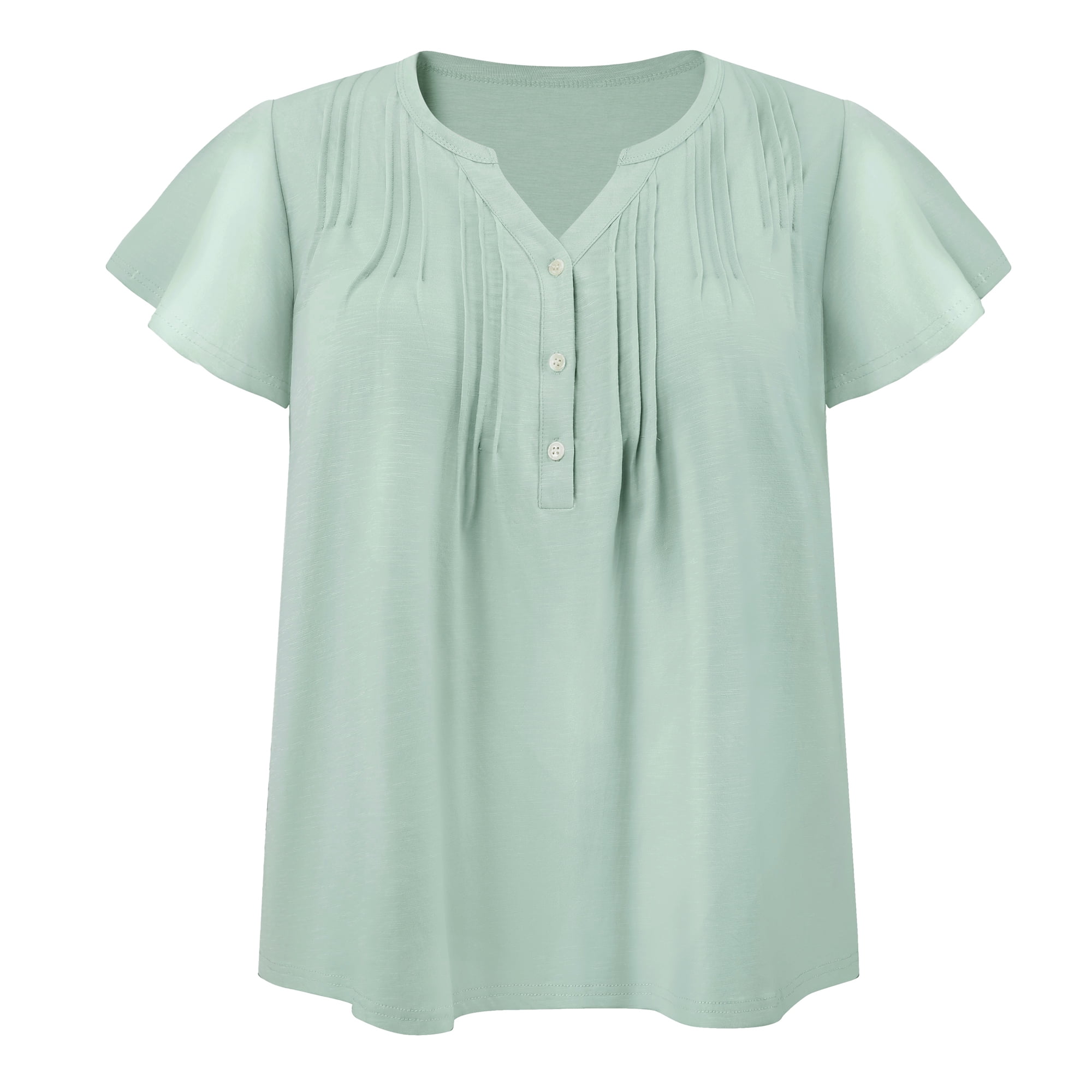Women's Plus Women's Work Tops Button Notch Neck Ruffle Sleeve Casual Blouse 1X Green