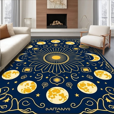 ODIKA 4'x6' Machine Washable Non-Slip Area Rug, Boho Lunar Phase Cosmic Journey Artistic High Traffic Rug, Blue, 417588
