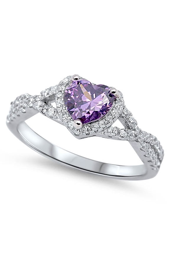 Men Women Sterling Silver Purple Heart CZ Solitaire Engagement Ring 8MM ( Size 4 to 12 )