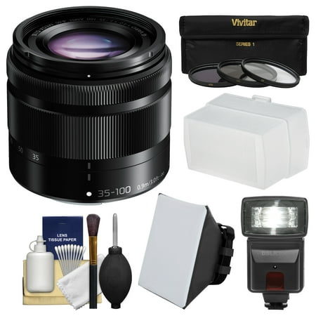 Panasonic Lumix G Vario 35-100mm f/4.0-5.6 OIS Zoom Lens + Flash & Soft Box + Diffuser + 3 Filters Kit for G6, GF6, GF7, GH3, GH4, GM1, GM5, GX7