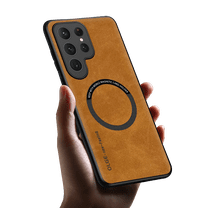 Allyetch Magnetic Back Case Cover for Samsung Galaxy S22 Plus, Slim Fit Back Cover PU Leather TPU Bumper Anti-Scratch Compatible with Car Mount Shockproof Phone Case for Galaxy S22 Plus, Brown