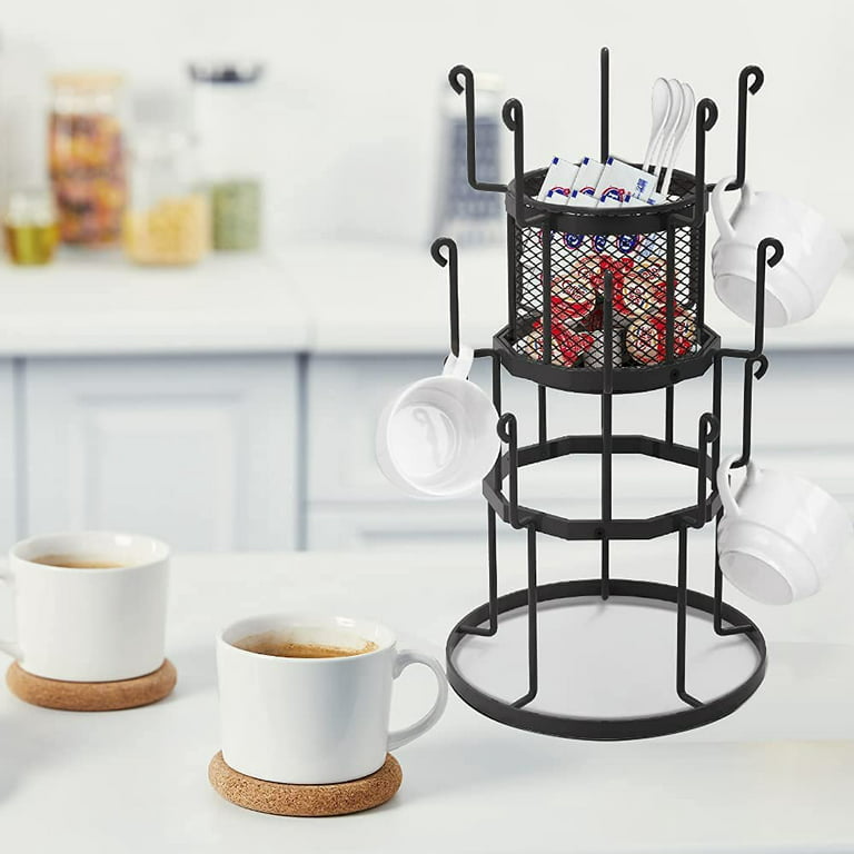 Rotating Coffee Mug Holder Rustic Utensil Holder Wood Farmhouse 4 Hook  Countertop Stand K Cup Storage Pod Storage Built-in Kitchen Canister 
