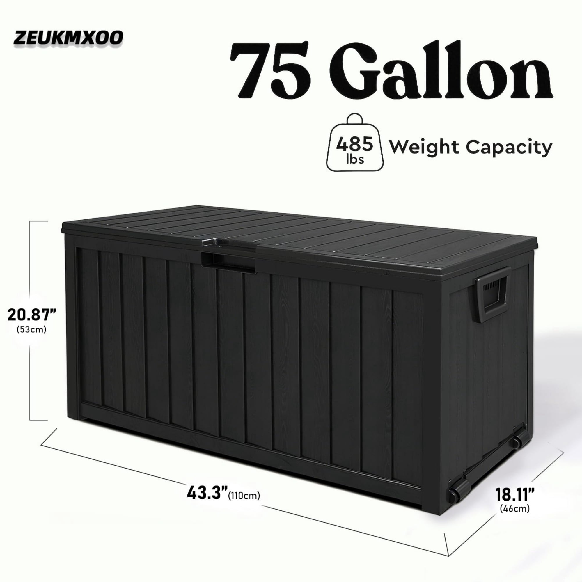 75 Gallon Outdoor Storage Box Waterproof, Lockable Deck Box with Wheels, 350 lbs Bench Patio Storage for Cushions, Garden Tools, Pool, Black