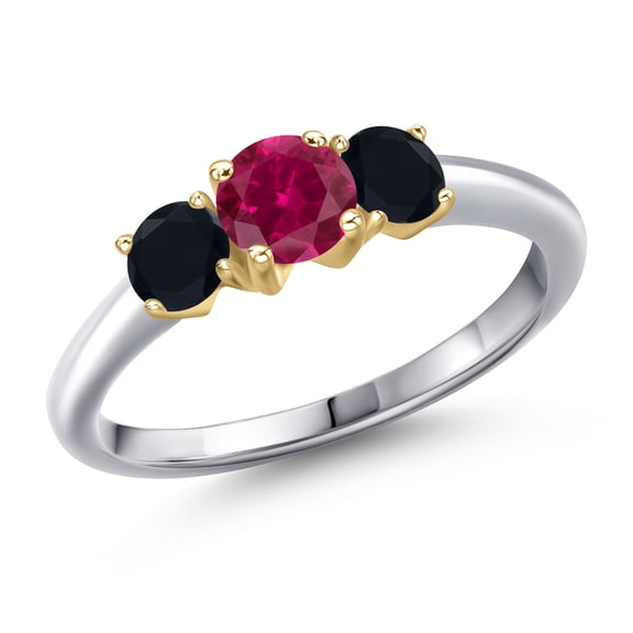 Gem Stone King 10K Two Tone Gold Red Created Ruby and Black Onyx Engagement Ring for Women | 1.04 Cttw | Round 5MM | Gemstone July Birthstone | Size 8