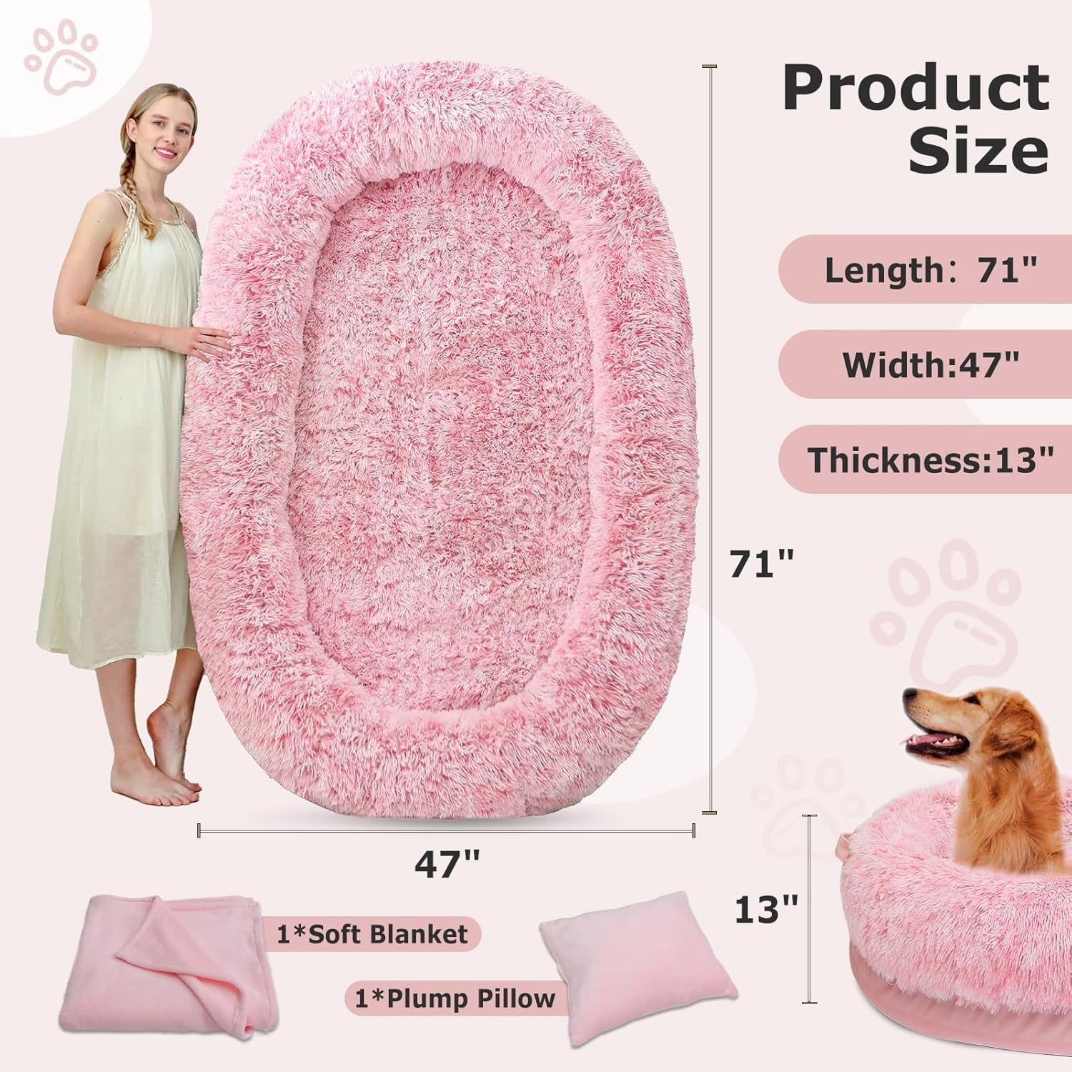 SWITTE Human Dog Bed for Adult, 71"x47"x13" Washable Large Human Size Dog Bed with Blanket for People Doze Off, Removable Giant Dog Bed with Pillow for Adult Pet - Pink