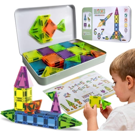 50PCS Mini Magnetic Tiles Travel Set with Iron Storage Box, Portable Magnet Building Blocks for Kids Ages 3 , Creative Educational STEM Toy for Planes, Cars, Restaurants, Toddlers Boys & Girls