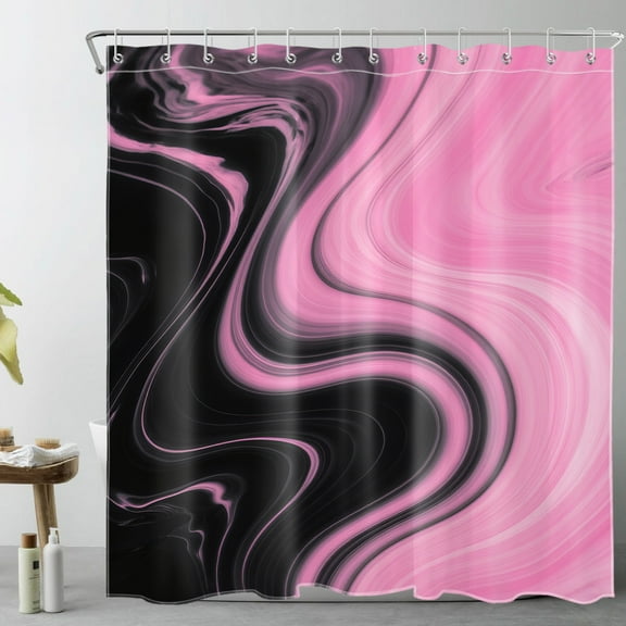 HVEST Abstract Pink and Black Wave Shower Curtain with Black and Pink Geometric Marble Design - Modern Simple Aesthetic Bathroom Decor, Waterproof Polyester Fabric, Includes 12 Hooks, 72x72 Inches