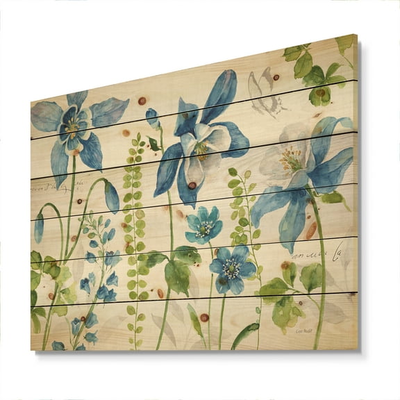 Designart 'Columbine Wild Flowers and Bluebell with Butterfly' Cabin & Lodge Print on Natural Pine Wood