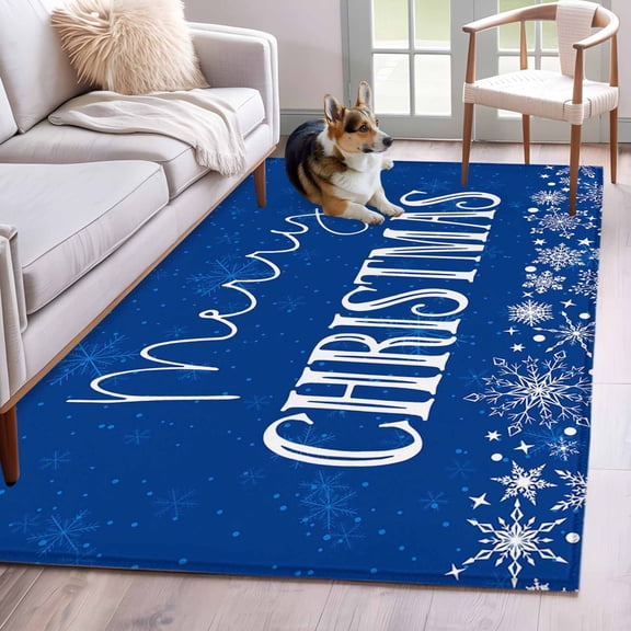 2.7'x5' Area Rugs, Blue Merry Christmas Indoor Outdoor Area Rug for Living Room Bedroom, Xmas Winter Snowflake Blue White Washable Bathroom Rugs Kitchen Floor Carpet Mats Home Decor Aesthetic