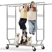 HOKEEPER 680 lbs Heavy Duty Clothing Garment Rack with Shelves Commercial Grade Clothing Racks on Wheels Rolling Double Clothes Rack Portable Collapsible Adjustable, Chrome Finish