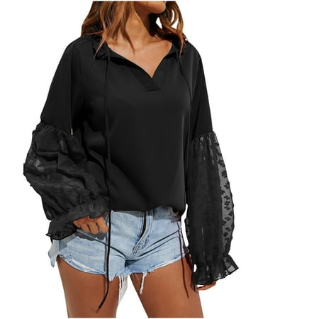 

Mrat Tops for Women Long Sleeve Turndown Collar Blouse & Shirt Summer Ladies Bandage Top Solid Color Long Sleeve Shirt Patchwork Top Long Sleeve Corset Tops