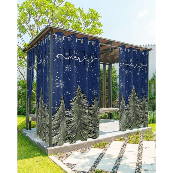 Outdoor Curtains for Patio, Forest Snow Tree, Waterproof Blackout Outside Curtain for Porch/Pergola/Gazebo, Christmas Winter Snowflake Navy Green Thermal Insulated Drapes, 2 Panels, 54 x 95 Inch
