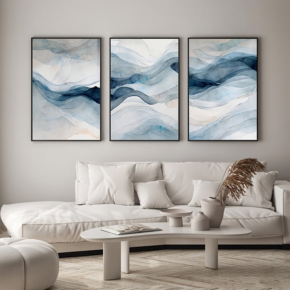 3pcs Modern Abstract Navy Blue Wall Art Set, Minimalist Watercolor Canvas Prints, Frameless Portrait Orientation Posters for Living Room and Bedroom Decor, Canvas Wall Art