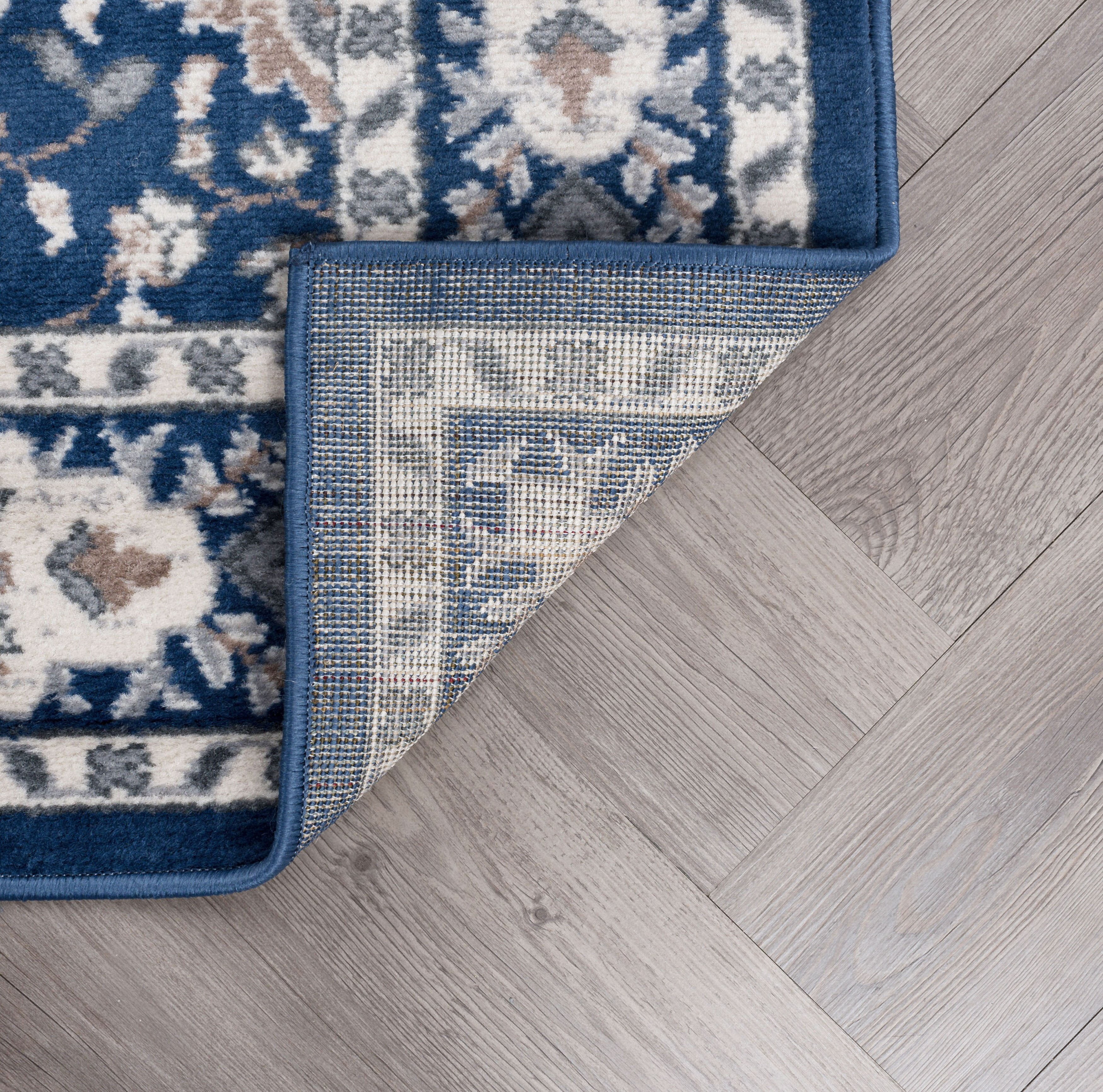 Traditional 2x8 Area Rug (2'3'' x 7'3'') Oriental Navy, Cream Indoor Runner Easy to Clean