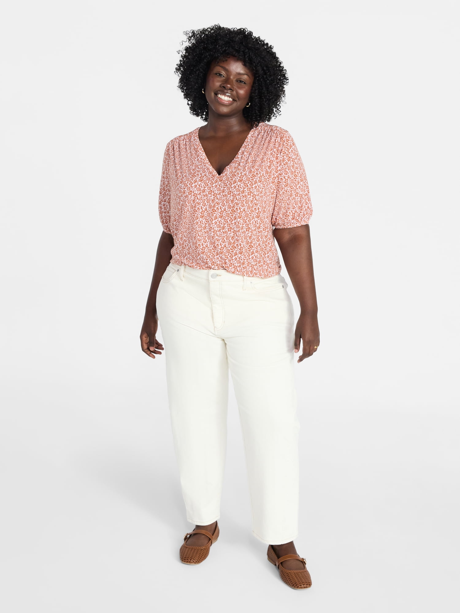 Terra & Sky Women's Plus Size V Neck Tee with Elbow Sleeves, Sizes 0X-5X