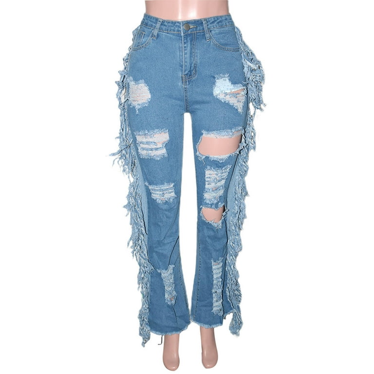 RQYYD Women's Skinny Tassel Ripped Stretch Jeans - Slim Fit High Waisted Distressed  Denim Pants Streetwear with Hole Blue M 