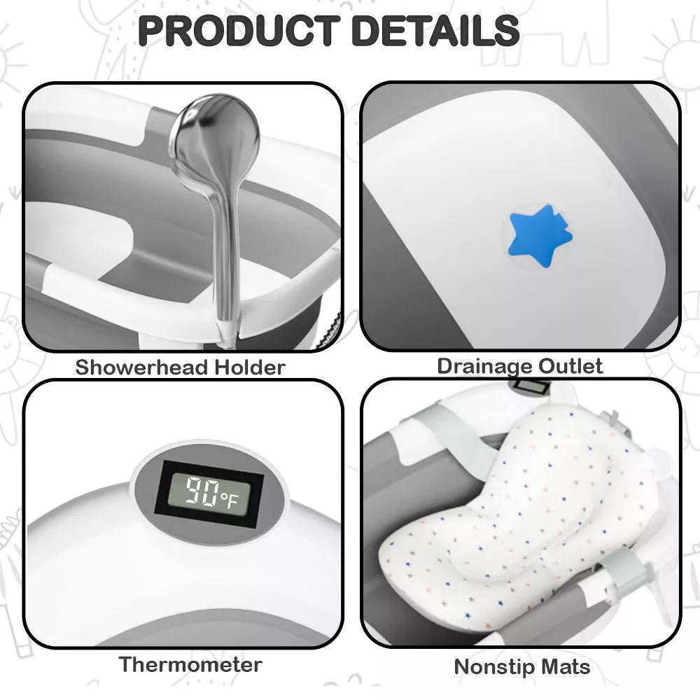 Tumajup Collapsible Baby Bathtub with Soft Bath Cushion&Thermometer Gray