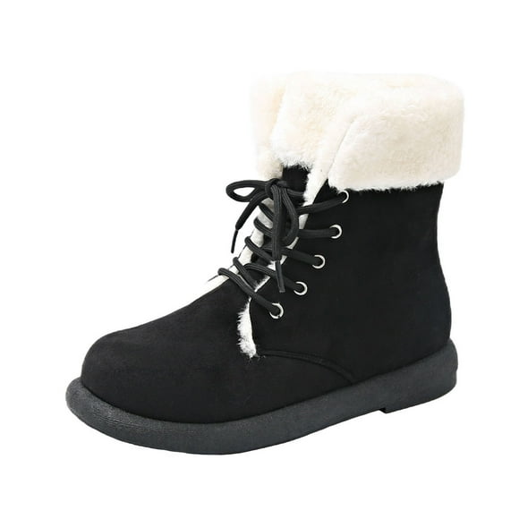 Lovzfmll Snow Boots for Women, Fur Lined Warm Winter Ankle Booties, Flat Heel Lace Up Casual Comfy Outdoor Hiking Walking Shoes, 9, Black
