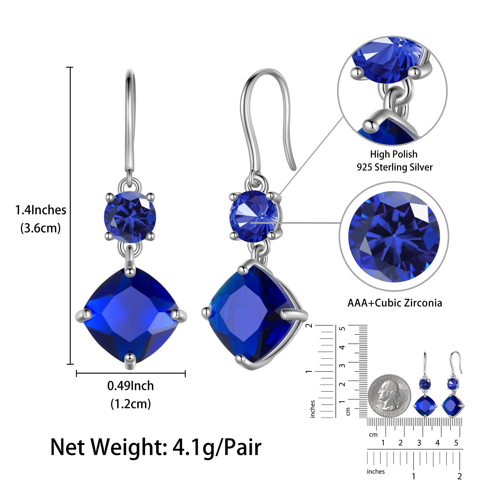 Juwaliy Women Blue Sapphire Dangle Earrings 925 Sterling Silver Hook September Birthstone Earring Cushion Jewelry Birthday Christmas Mother's Day Gift