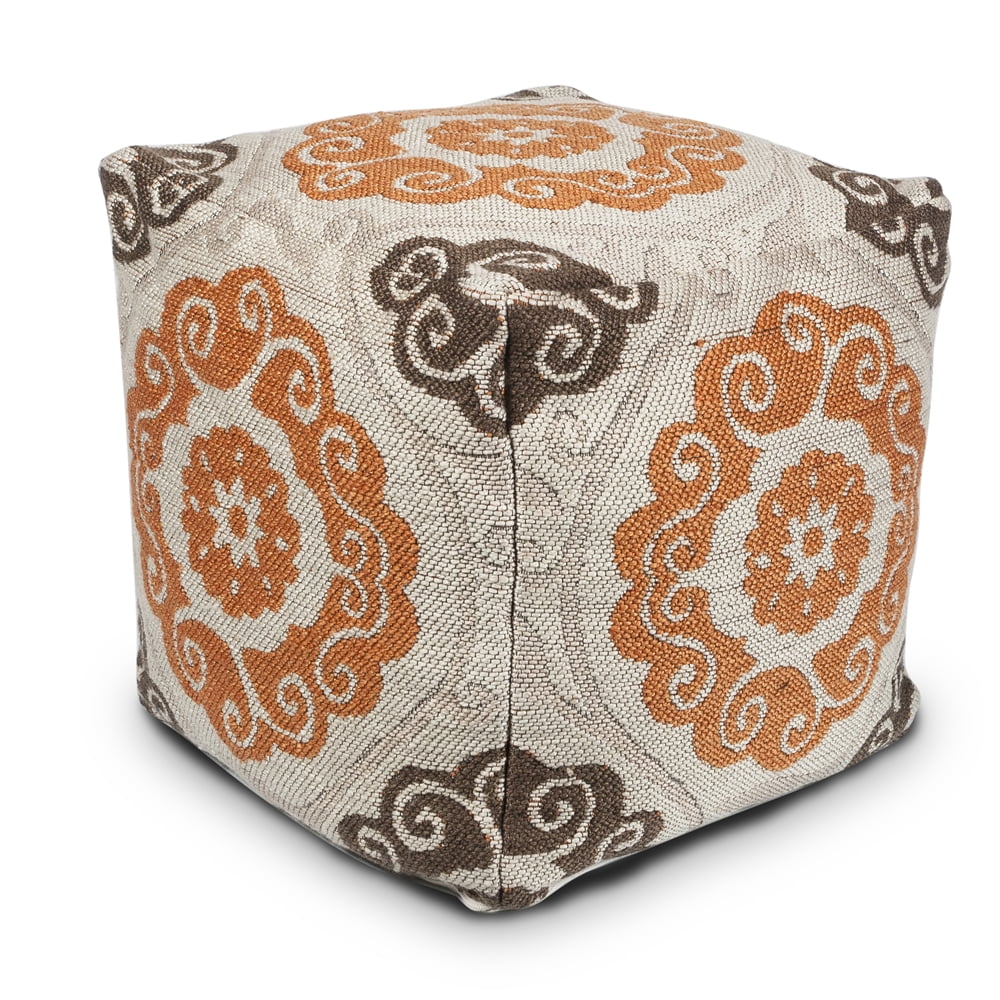 F845 Ivory/Brown Laurel Pouf 18" x 18" x 18" Size Poufs