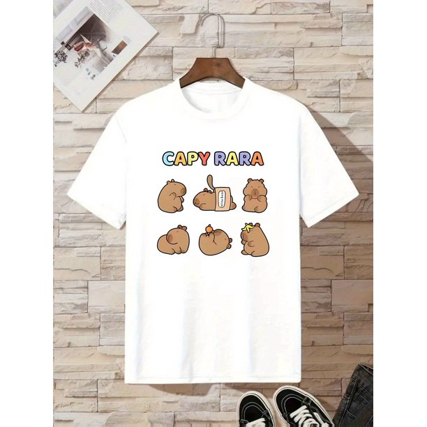 Capy Rara Boys' Cotton T-Shirt - Colorful Capybara Graphic, Crew Neck, Short Sleeve, Summer Casual Wear
