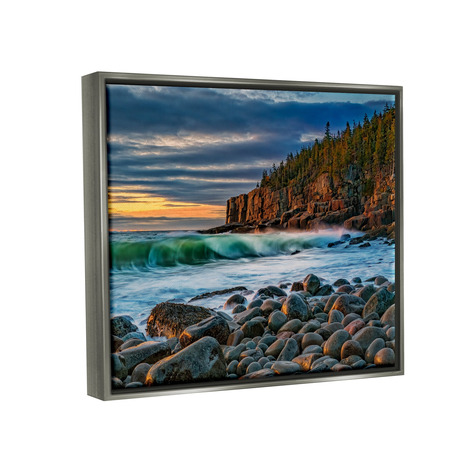 Stupell Rolling Waves Beach Rocks Coast Landscape Photography Gray Floater Framed Art Print Wall Art