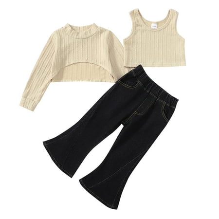 

Kids Toddler Baby Girls Autumn Winter Cotton Long Sleeve Coat Gardigan Vest Jeans 3PC Set Clothes