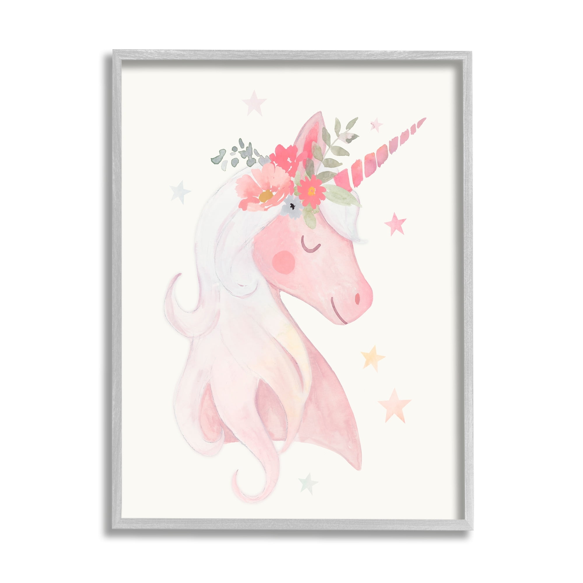 Stupell Industries Pastel Smiling Unicorn Pink Flower Blossom Crown Graphic Art Gray Framed Art Print Wall Art, Design by Victoria Barnes