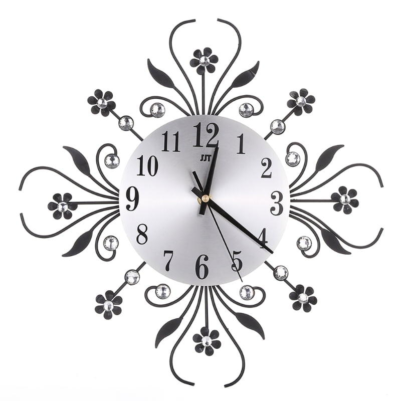 Round Flower Wall Clock Home Décor Silent Clock Modern Wall Clock Metallic Wall Clock Wall Clock with Bling Diamond Kitchen for Home 