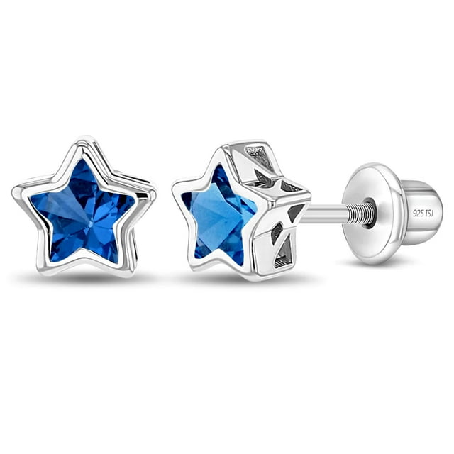 Boucles d'Oreilles Fille en Saphir Simulé avec Étoile de Pierre de Naissance CZ à Vis - Argent Sterling