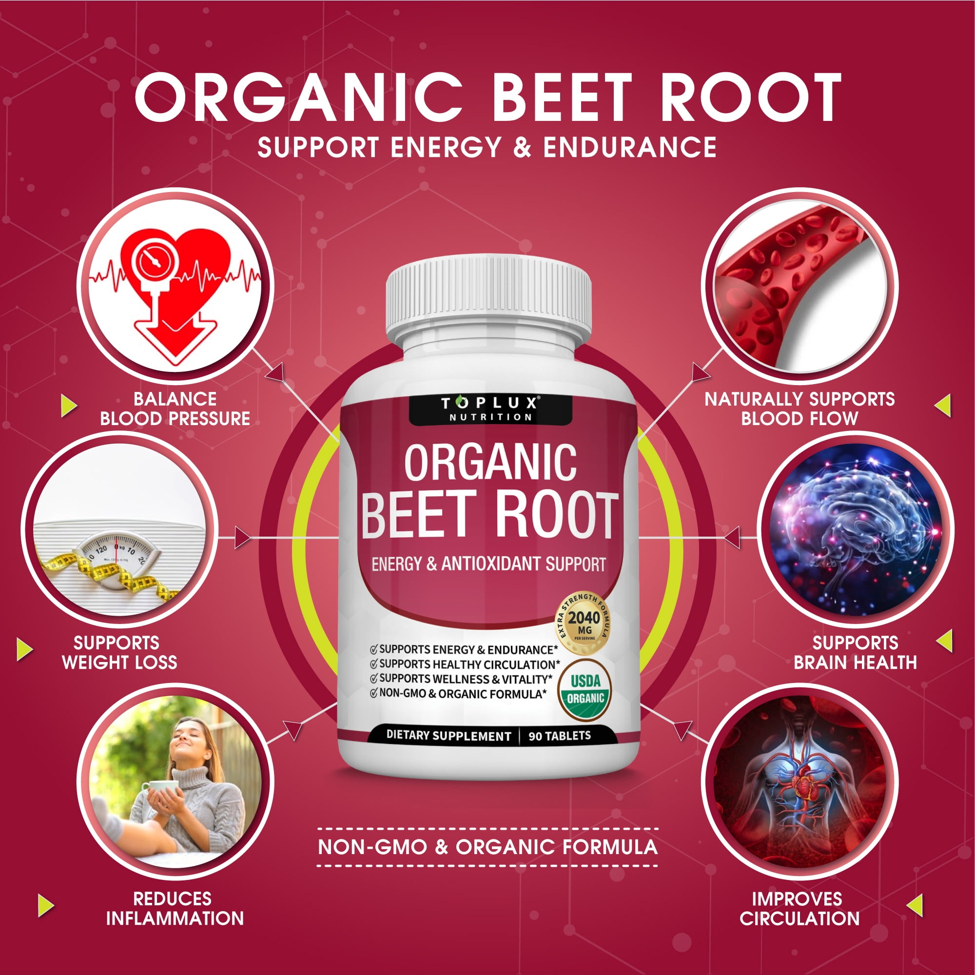 Toplux Organic Beet Root Capsules 2040mg Beet Root Supplement Support Circulation Heart Health 90 Tablets
