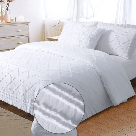 White Duvet Cover Queen Tufted Boho Textured Diamond Shabby Chic Moroccan Clipped Fringed Bohemian Jacquard Bedding Set 90x90