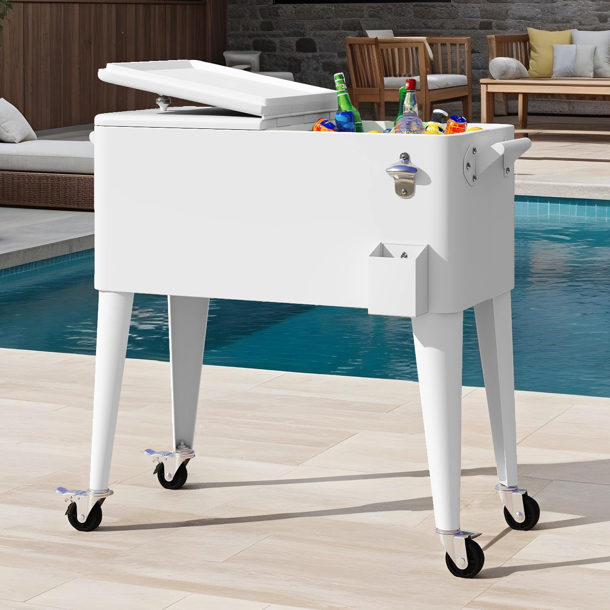 Dextrus 80 Quart OutdDextrus 80 Quart Outdoor Rolling Cooler Cart with Bottle Opener Drainage, White