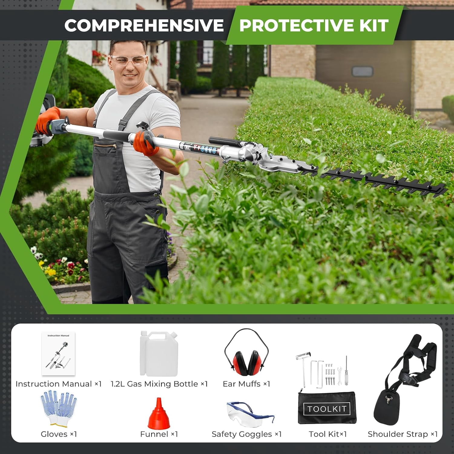 6-IN-1 52CC 2-Stroke Multi-Functional Gas Weed Wacker, String Trimmer Pole Saw Hedge Trimmer Brush Cutter, Safety Lock & Shoulder Strap